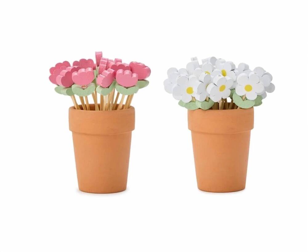 NEW TWO'S COMPANY garden blooms cocktail picks in a pot in brown